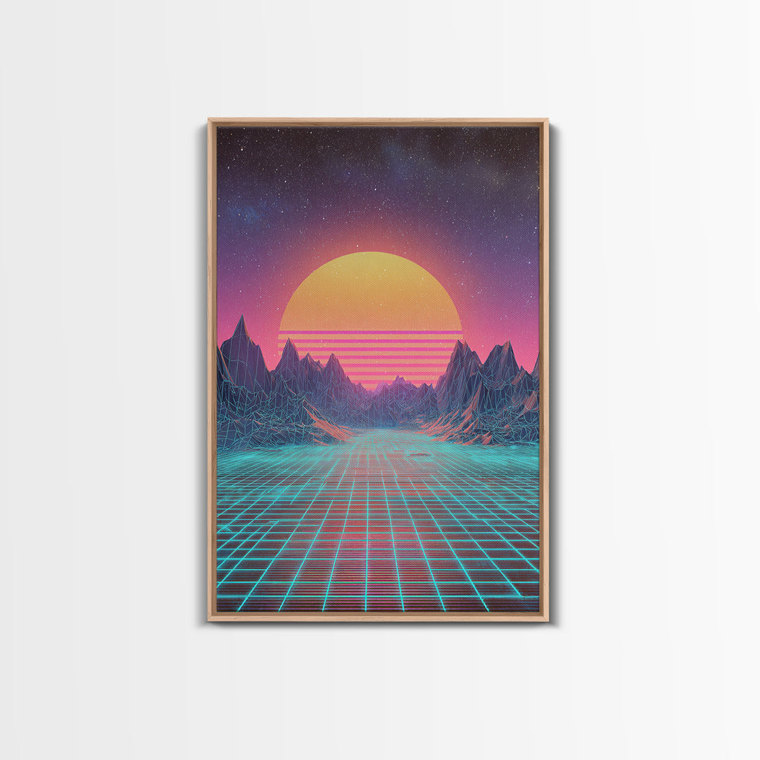 Retro Futuristic Synthwave Neon Sunset Over Wireframe Mountains Wall Art Print For Bedroom Decor Contemporary Canvas Print