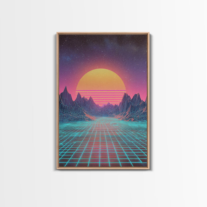 Retro Futuristic Synthwave Neon Sunset Over Wireframe Mountains Wall Art Print For Bedroom Decor Contemporary Canvas Print