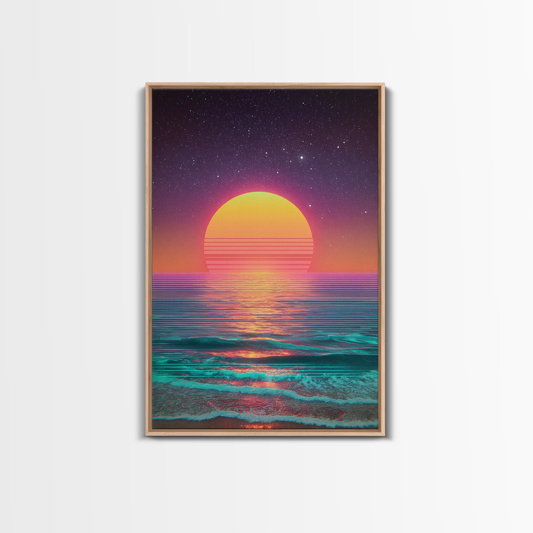 Digital Neon Sunset Ocean Wave Artwork Vibrant Abstract Modern Wall Art Large Framed Canvas Print Coastal Home Decor