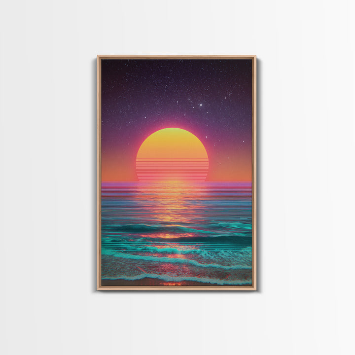 Digital Neon Sunset Ocean Wave Artwork Vibrant Abstract Modern Wall Art Large Framed Canvas Print Coastal Home Decor