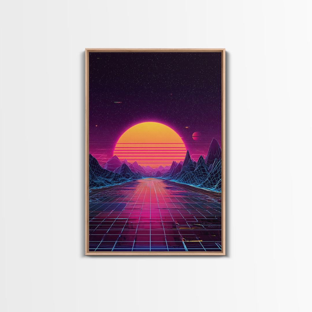 Retro Futuristic Sunset Landscape With Neon Grid Mountains And Starry Sky Wall Art Canvas Print For Modern Home Decor