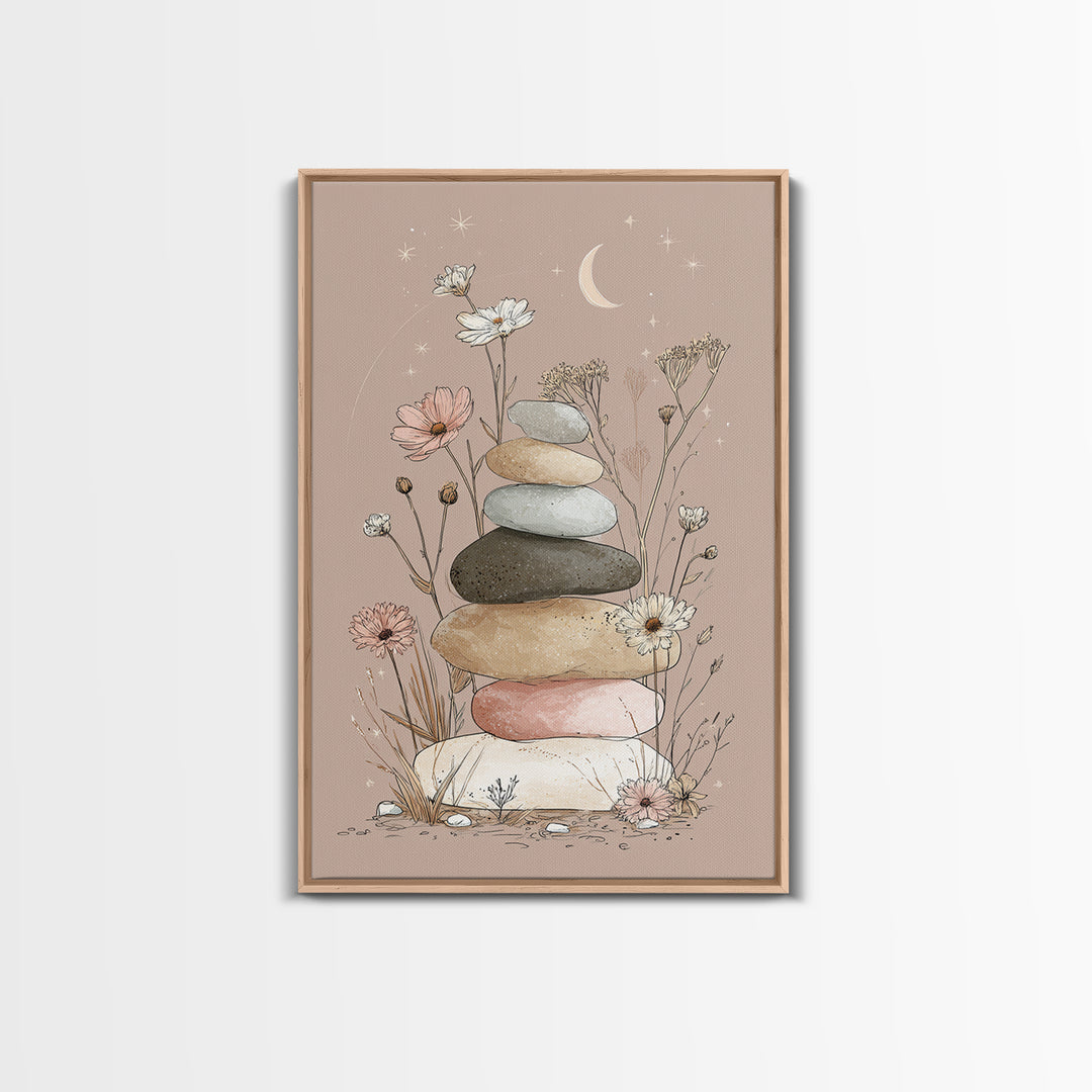 Stacked Zen Stones And Wildflowers Wall Art, Spa Bathroom Decor, Meditation Room Art, Neutral Boho Print, Calming Home Decor