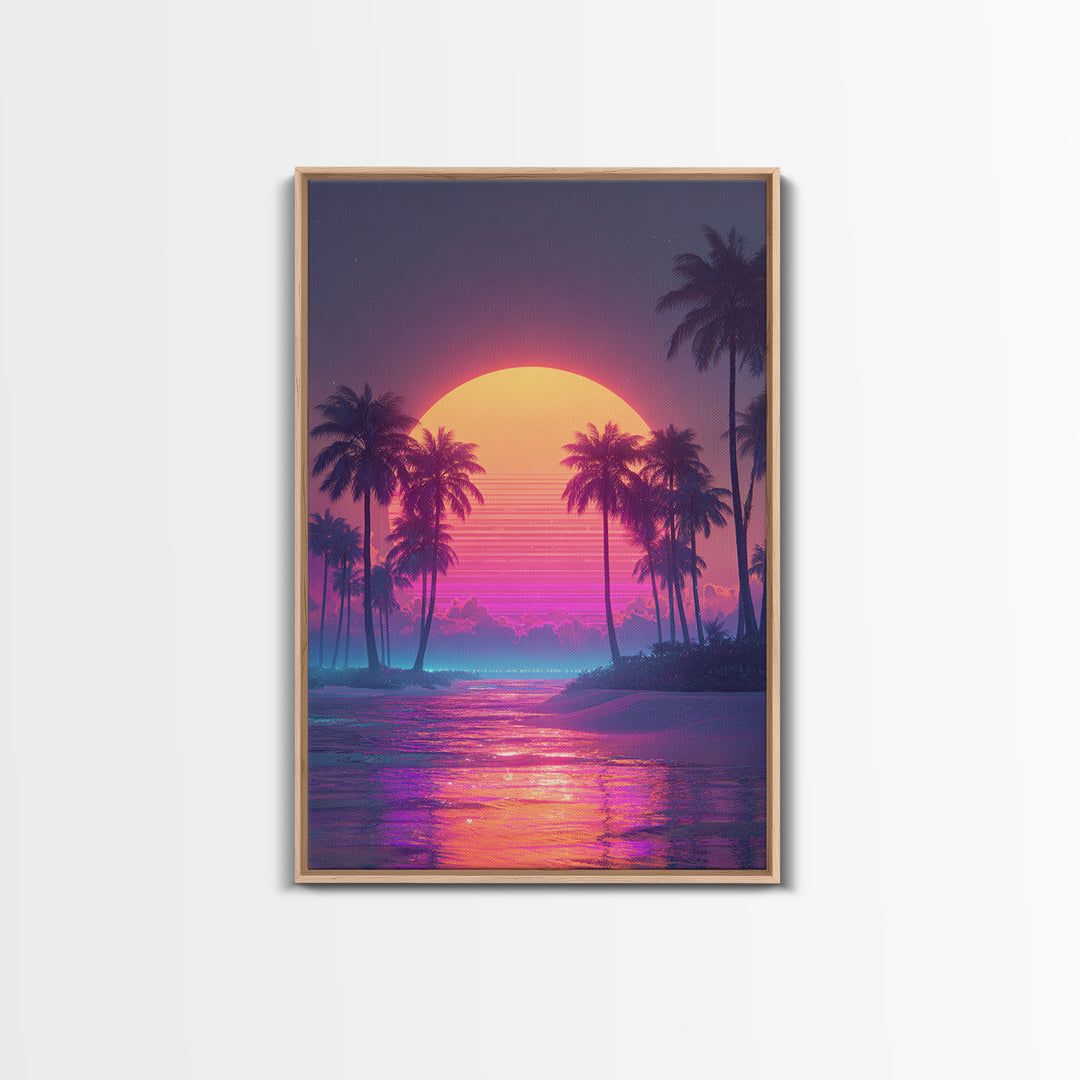 Vibrant Retro Sunset Over Tropical Beach With Palm Trees Large Wall Art Framed Canvas Print Coastal Home Decor