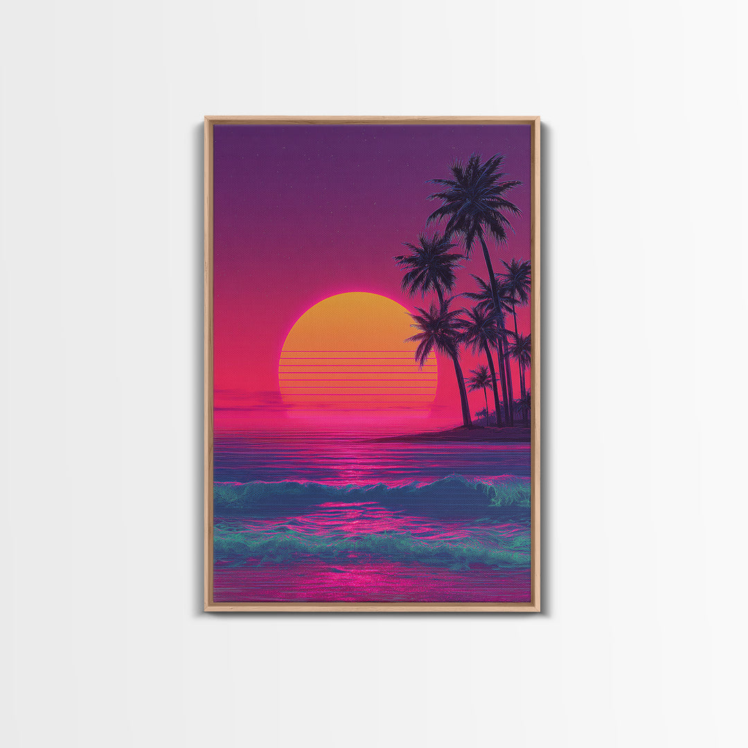 Vibrant Neon Sunset Beach With Palm Trees Retro 80s Themed Wall Art For Living Room Decor Framed Canvas Print