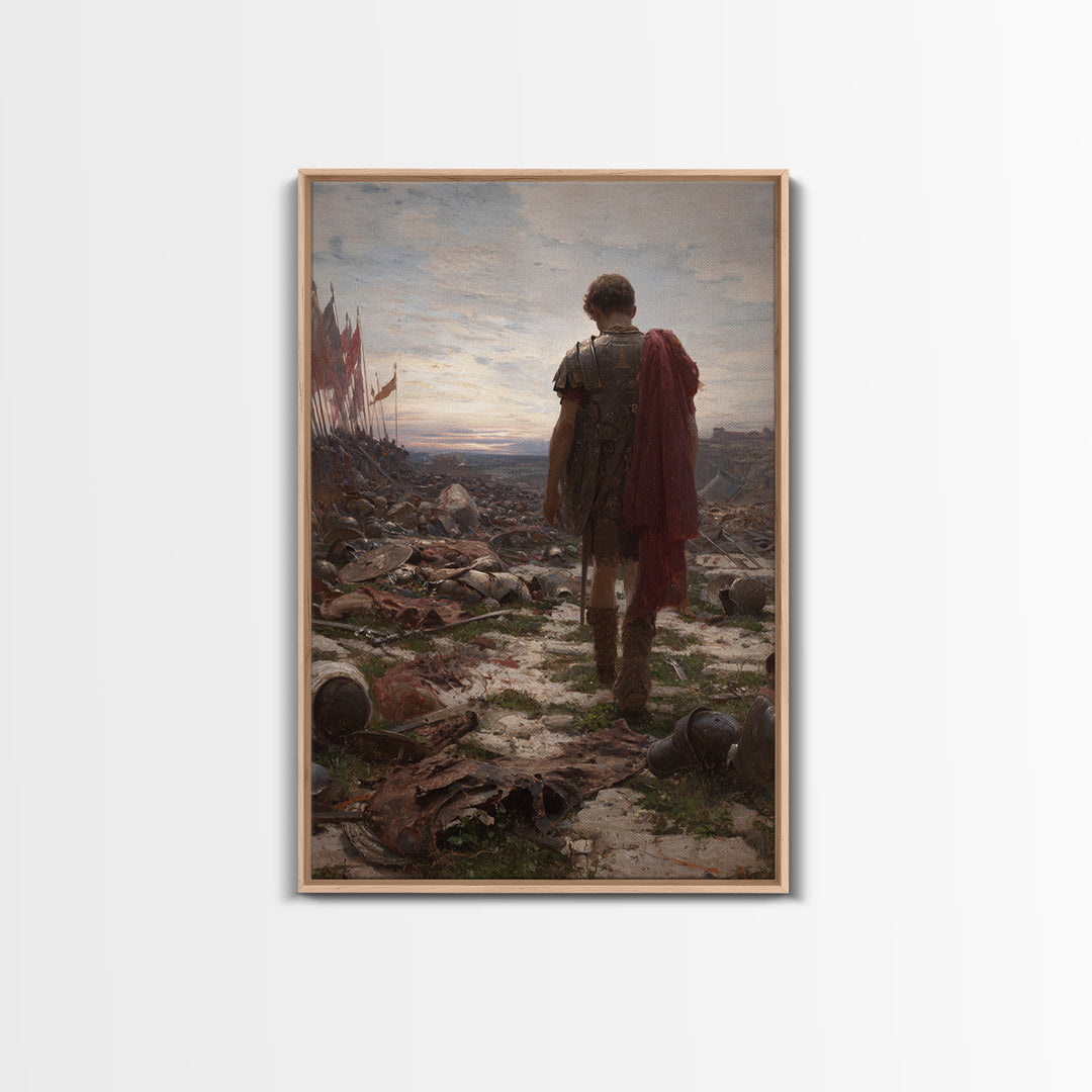 Lone Roman Soldier Framed Canvas Print, Battlefield Wall Art, Historical Warrior Oil Painting, Dark Academia Office Decor