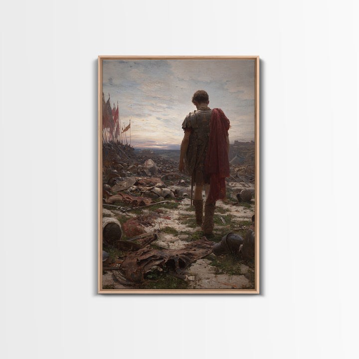 Lone Roman Soldier Framed Canvas Print, Battlefield Wall Art, Historical Warrior Oil Painting, Dark Academia Office Decor