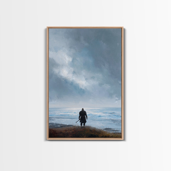 Lone Warrior Facing Cold Blue Sea Canvas Print, Minimalist Coastal Wall Art, Moody Seascape Living Room Decor, Above Bed Art