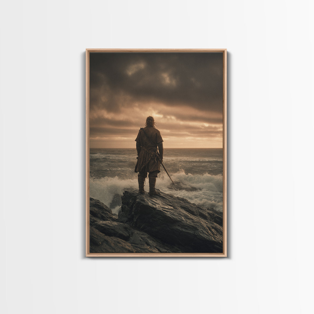 Lone Warrior On Stormy Shore Canvas Print, Moody Seascape Wall Art, Coastal Fantasy Decor, Masculine Bedroom Art Print Gift