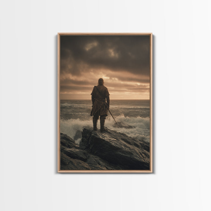 Lone Warrior On Stormy Shore Canvas Print, Moody Seascape Wall Art, Coastal Fantasy Decor, Masculine Bedroom Art Print Gift