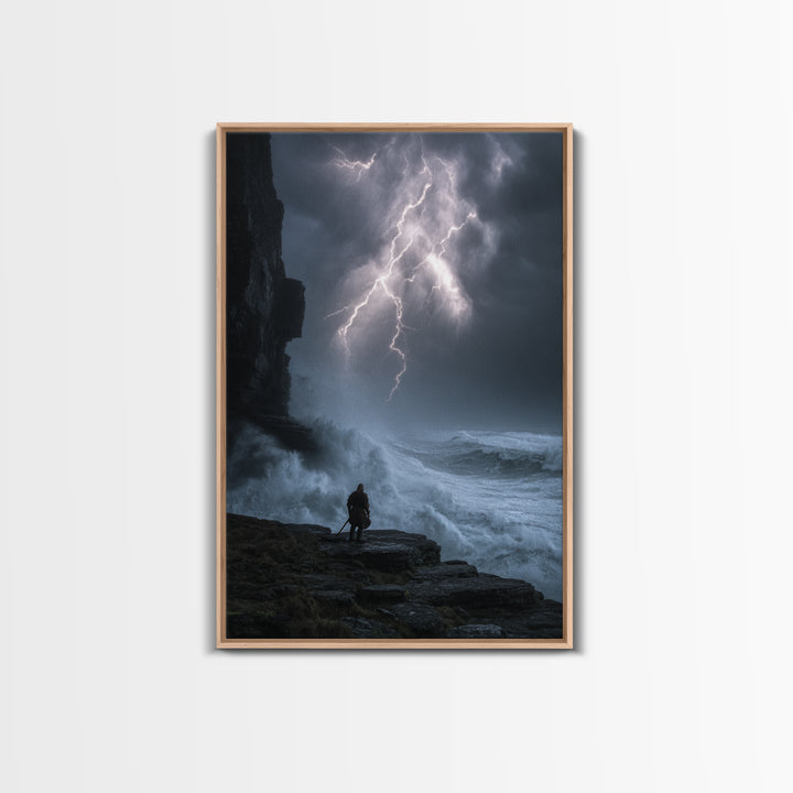 Lone Warrior Beneath Lightning Storm Framed Canvas Print, Dark Seascape Wall Art, Dramatic Fantasy Decor Print, Gift For Him