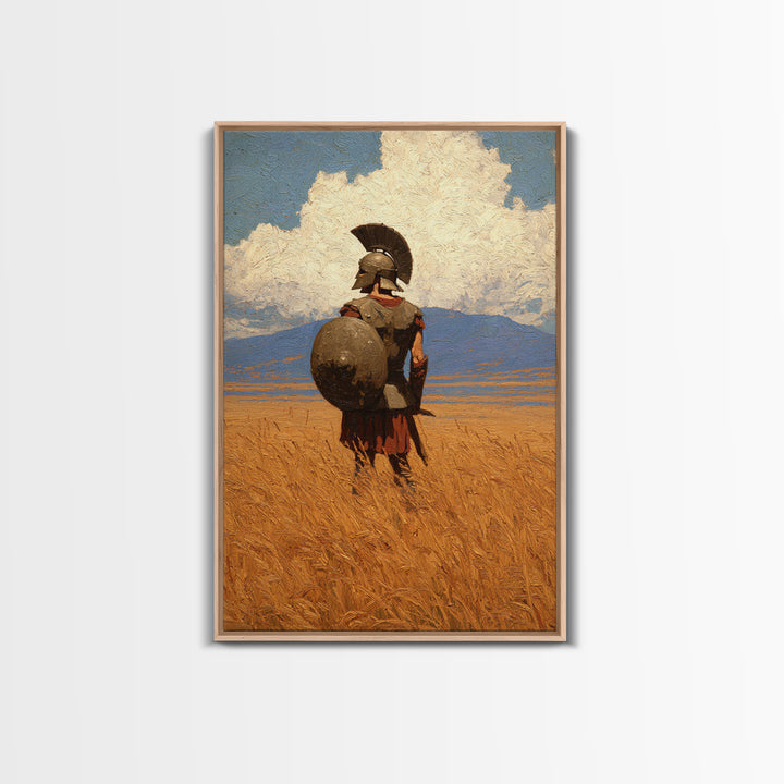Spartan Warrior In Golden Field Canvas Print, Greek Hoplite Landscape Painting, Ancient History Wall Decor For Office Gift