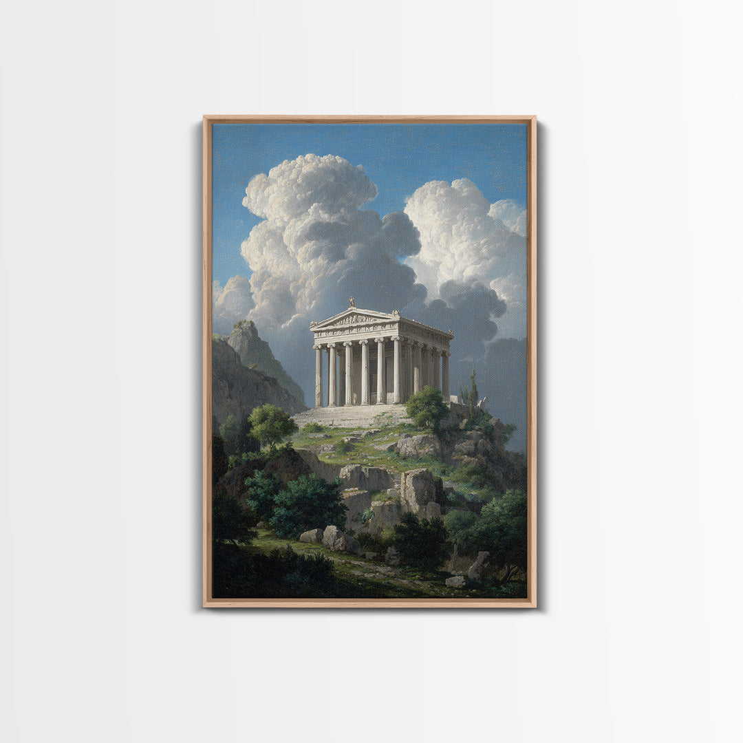 Ancient Greek Temple Under Towering Clouds Canvas Print, Classical Landscape Wall Art, Mediterranean Home Decor, Fine Art