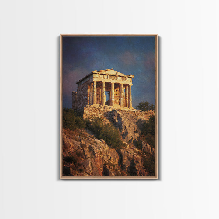 Golden Greek Temple On Rocky Hill Wall Art, Ancient Greece Landscape Painting, Mediterranean Decor, Travel Art Print, Gift For Him