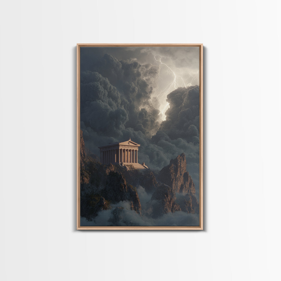 Ancient Greek Temple In Lightning Storm Framed Canvas Print, Mythological Wall Art, Dramatic Landscape Decor, Office Art