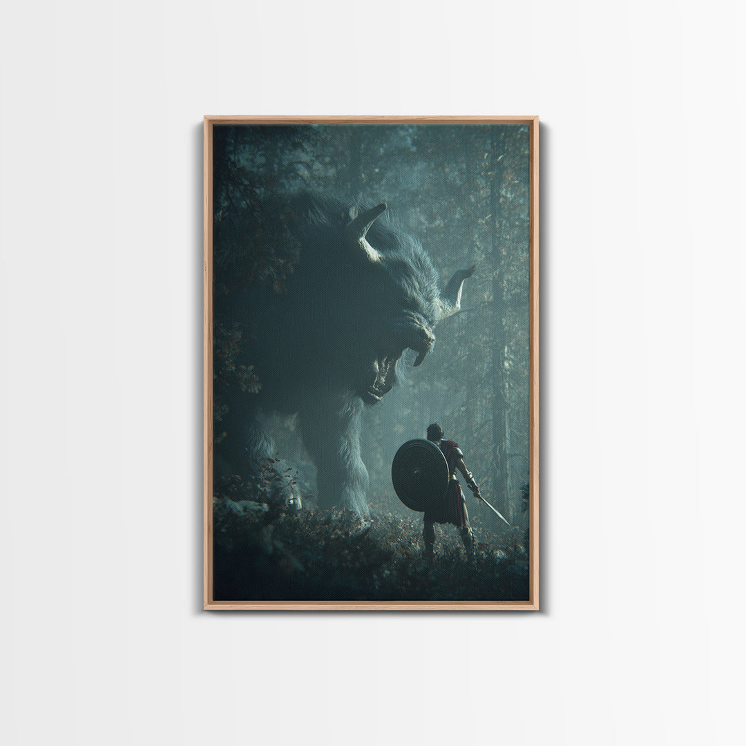 Warrior Facing Giant Wolf In Forest Wall Art, Dark Fantasy Canvas Print, Mythical Creature Decor, Gift For Gamer, Adventure Art