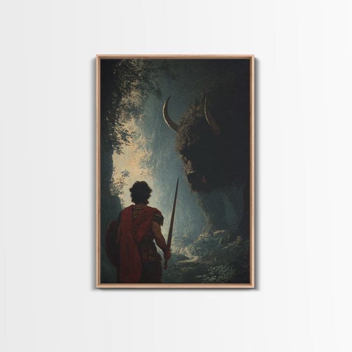 Warrior Facing Shadowed Minotaur Wall Art, Dark Fantasy Oil Painting, Mythological Art Print, Gothic Home Decor Gift For Him