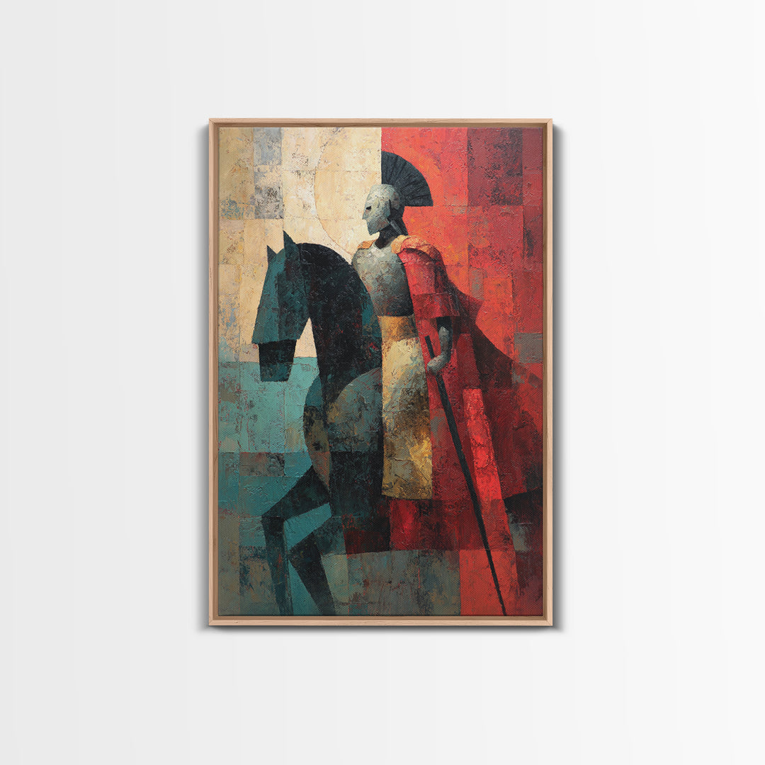 Abstract Roman Cavalry And Red Cloak Framed Canvas Print, Ancient Warrior Wall Decor, Modern Historical Art Print, Gift For Him
