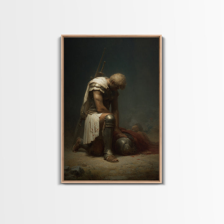 Kneeling Fallen Warrior Canvas Print, Dark Battle Wall Art, Classical Figurative Oil Painting, Moody Office Decor Gift For Him