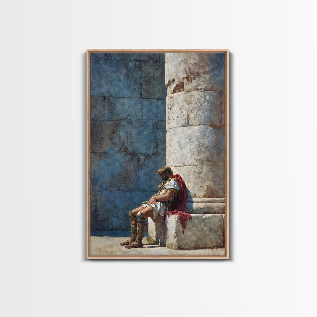 Resting Roman Soldier By Stone Column Wall Art, Ancient Classical Canvas Print, Historical Office Decor For Him, Housewarming Gift