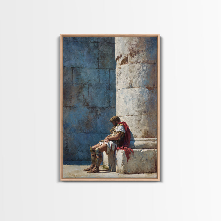 Resting Roman Soldier By Stone Column Wall Art, Ancient Classical Canvas Print, Historical Office Decor For Him, Housewarming Gift