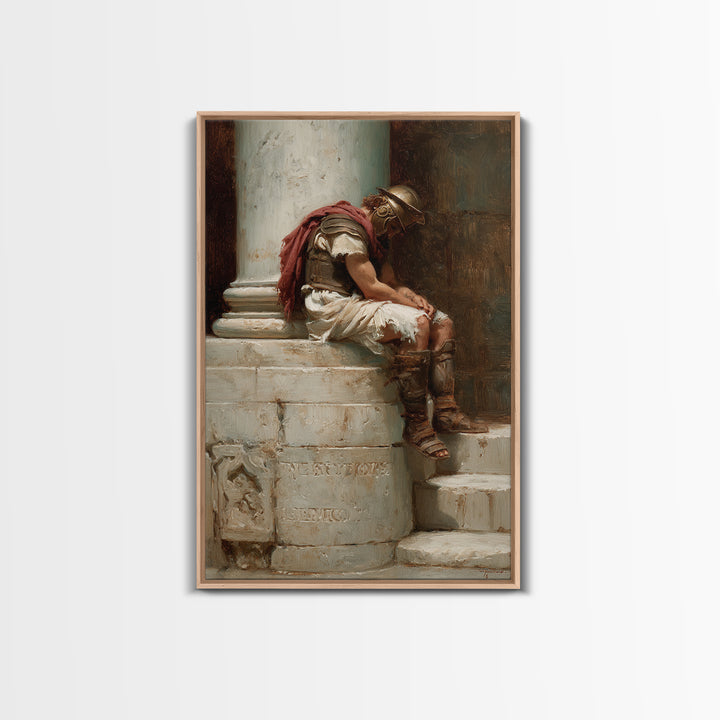 Sleeping Roman Soldier On Marble Steps Framed Canvas Print, Classical Wall Art, Ancient History Decor, Dark Academia Gift