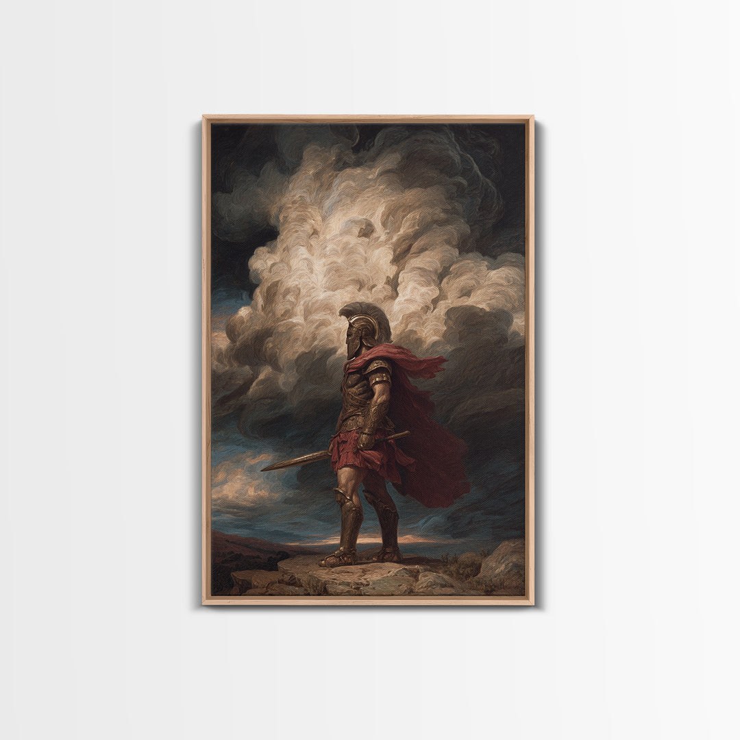 Roman Centurion Under Storm Clouds Framed Canvas Print, Classical Warrior Wall Art, Mythological Decor, Dramatic Office Art