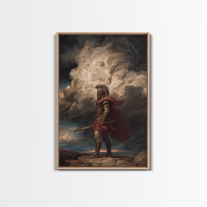 Roman Centurion Under Storm Clouds Framed Canvas Print, Classical Warrior Wall Art, Mythological Decor, Dramatic Office Art