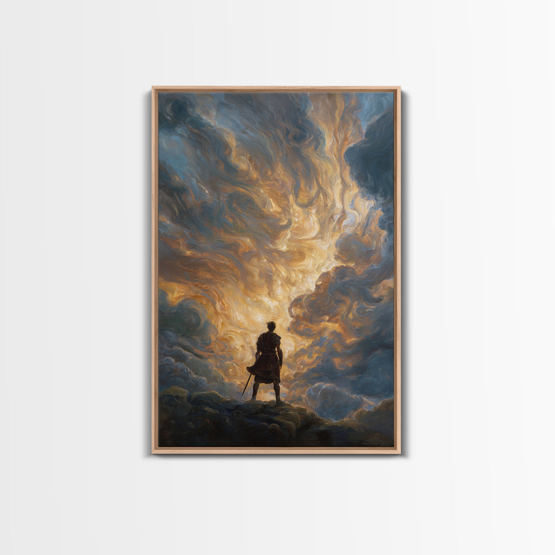 Lone Hero Beneath Golden Storm Clouds Wall Art, Epic Fantasy Canvas Print, Dramatic Sky Modern Living Room Decor, Office Decor