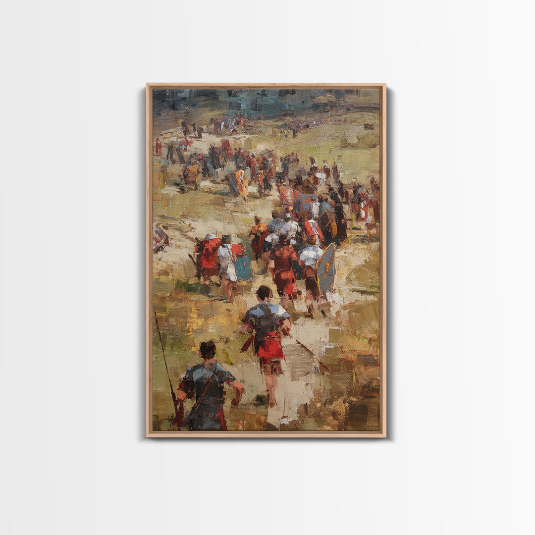 Roman Soldiers Marching Through Sunlit Camp Canvas Print, Impressionist Historical Wall Art, Classical Home Decor, Gift For Him