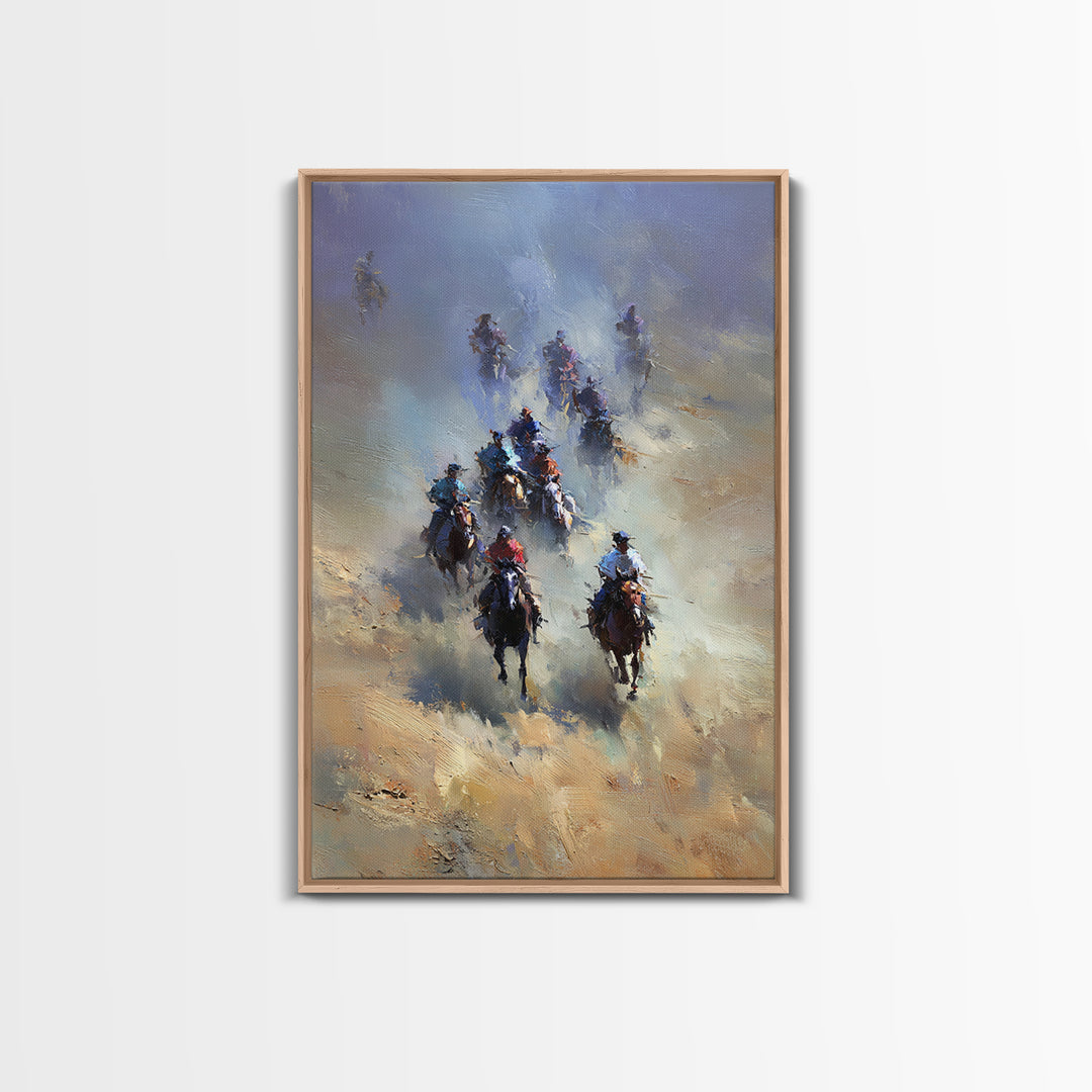 Galloping Cowboys In Dusty Desert Wall Art, Western Horse Racing Painting, Rustic Ranch Decor, Gift For Horse Lover, Living Room Art