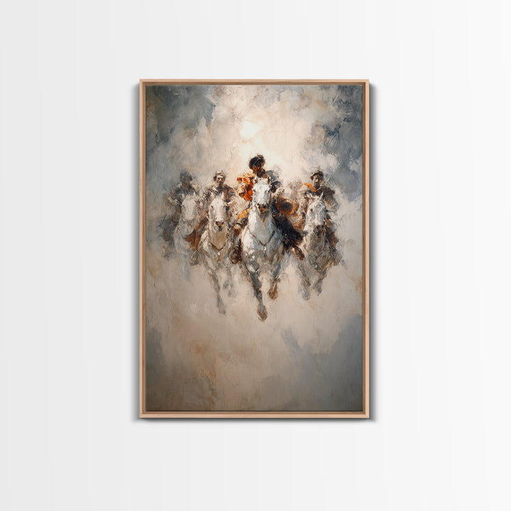 White Horses Charging Through Mist Canvas Print, Abstract Equine Painting, Equestrian Wall Art, Modern Farmhouse Decor Gift