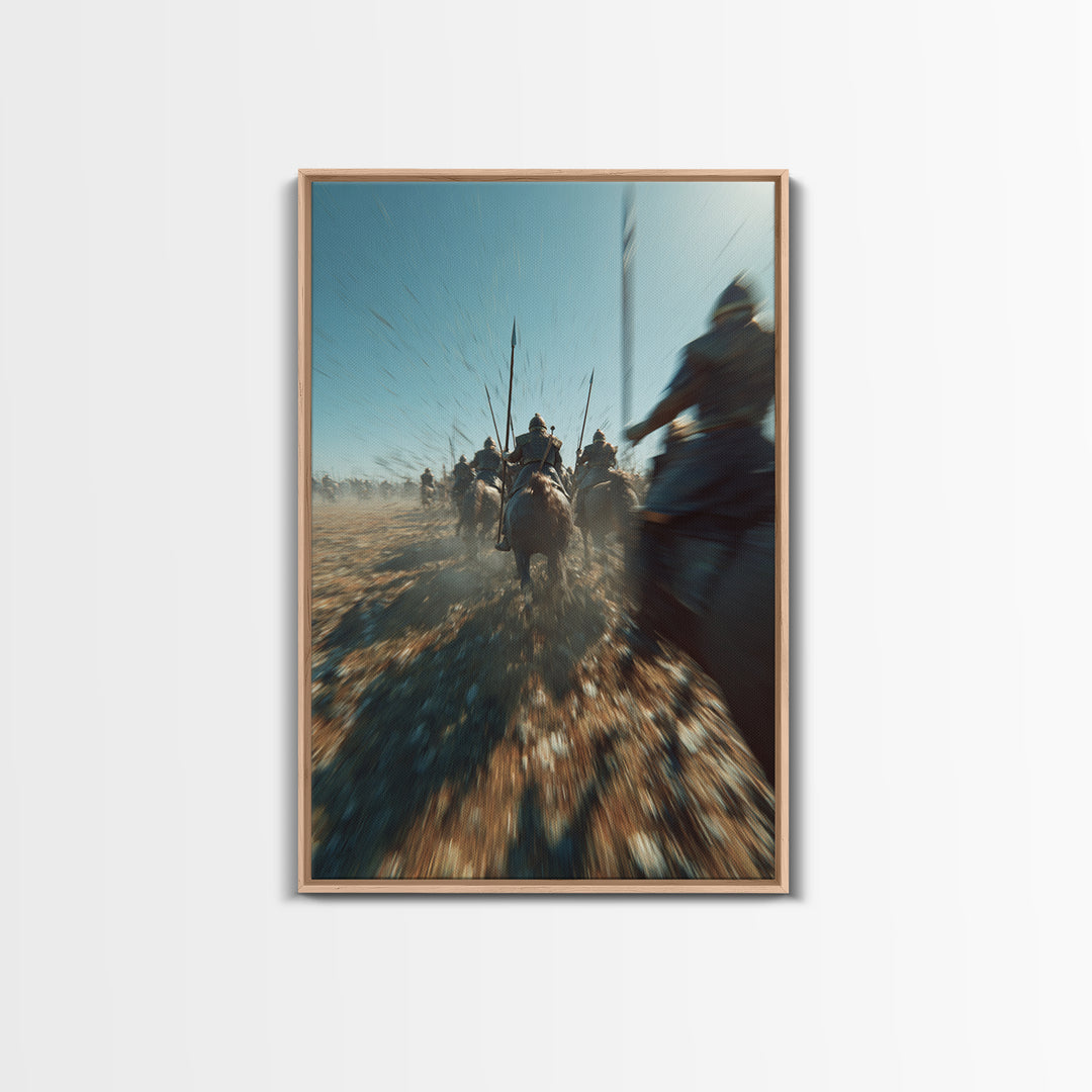 Ancient Cavalry Charge Across Dusty Battlefield Canvas Print, Epic Battle Wall Art, Horse Racing Decor, Masculine Art Gift For Him