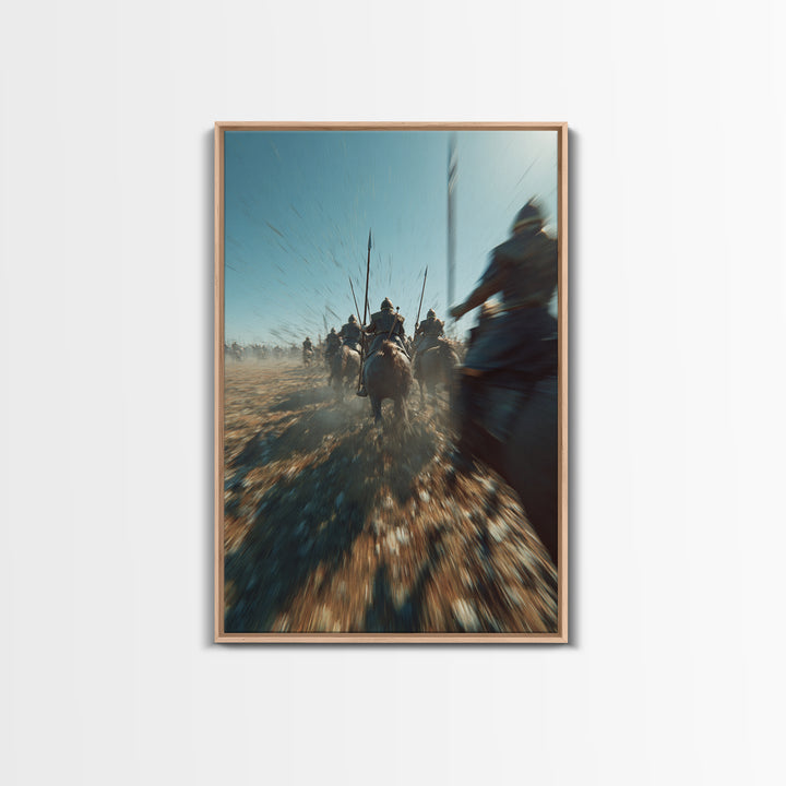 Ancient Cavalry Charge Across Dusty Battlefield Canvas Print, Epic Battle Wall Art, Horse Racing Decor, Masculine Art Gift For Him