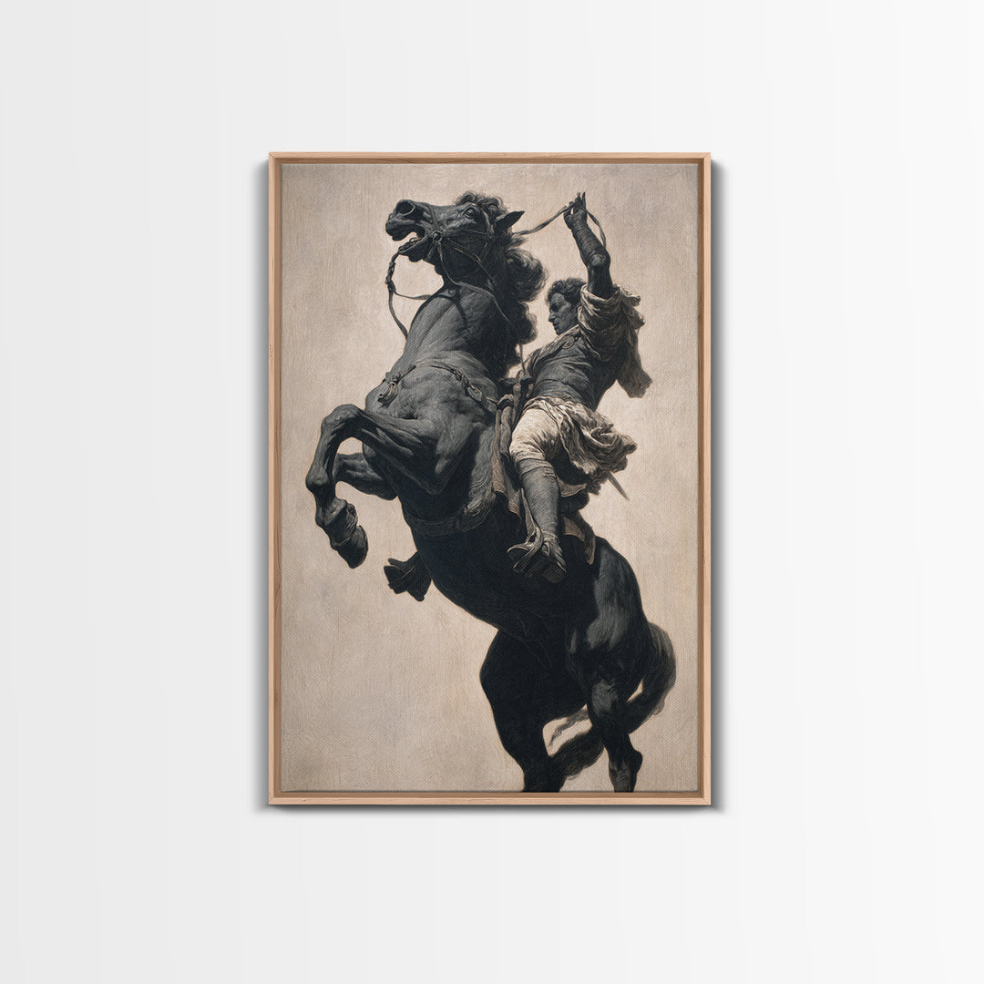 Rearing Black Horse And Rider Framed Canvas Print, Dramatic Equestrian Wall Art, Western Decor, Horse Lover Gift For Ranch Home