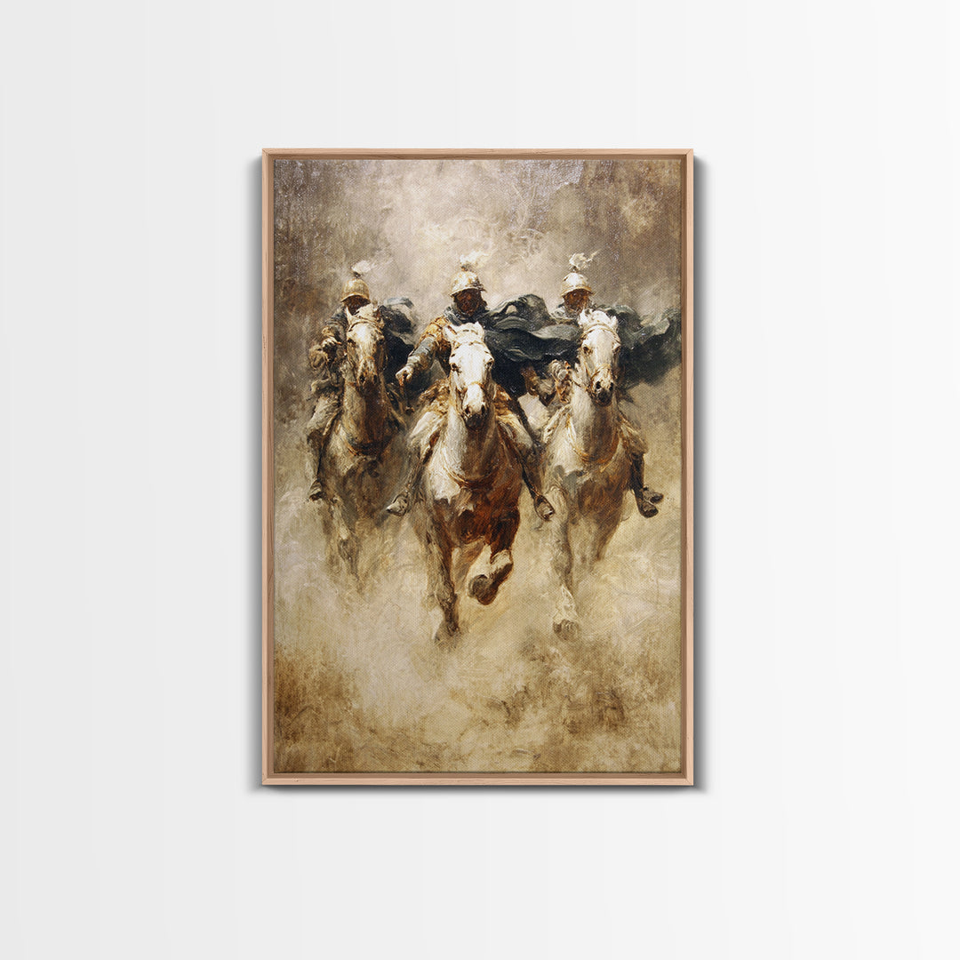 Charging Medieval Cavalry Riders Wall Art, Dramatic Horse Battle Canvas Print, Rustic Fantasy Decor, Large Living Room Decor