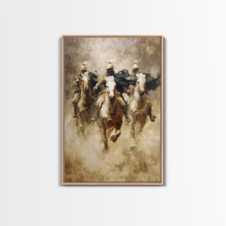 Charging Medieval Cavalry Riders Wall Art, Dramatic Horse Battle Canvas Print, Rustic Fantasy Decor, Large Living Room Decor