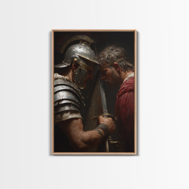 Roman Gladiator Face Off With Sword Wall Art, Intense Ancient Duel Canvas Print, Dark Masculine Office Decor, Gift For Him