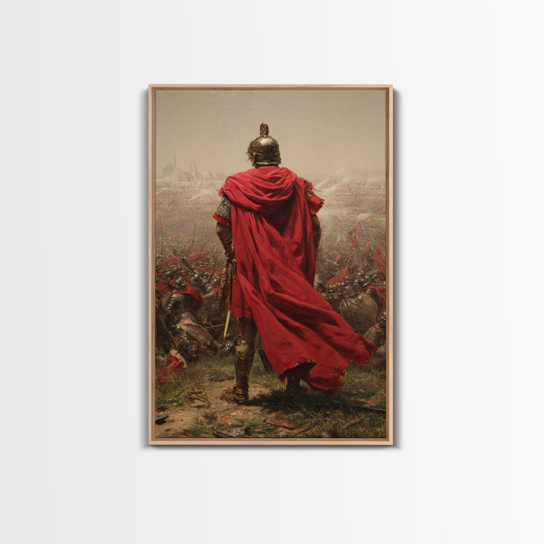 Roman General Red Cloak Wall Art, Epic Battlefield Oil Painting, Ancient Warrior Canvas Decor For Masculine Office Gift Idea