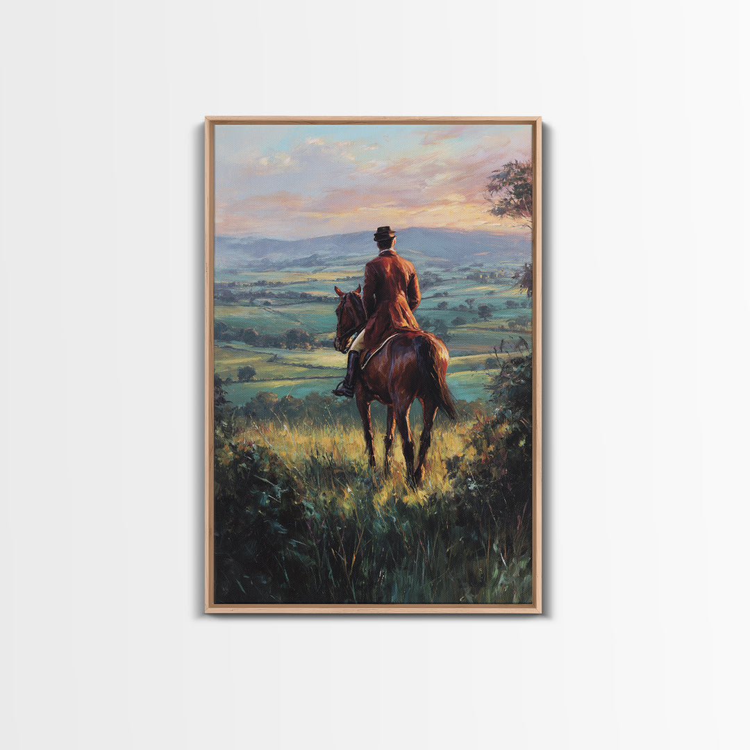 Rider On Horse Over Rolling Countryside Canvas Print, Equestrian Wall Art, Country Landscape Painting, Rustic Home Decor