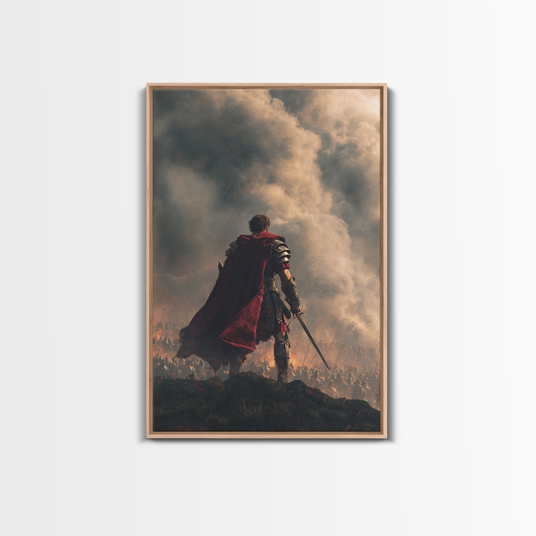 Roman Commander Over Burning Battlefield Framed Canvas Print, Ancient Warrior Wall Art, Dramatic History Decor, Gift For Him