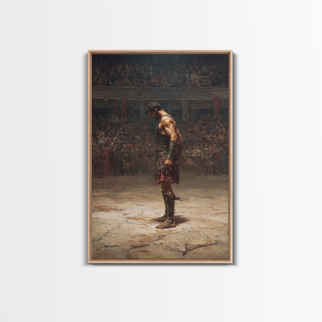Gladiator In Arena Framed Canvas Print, Roman Warrior Oil Painting, Ancient History Wall Decor And Masculine Office Art Gift