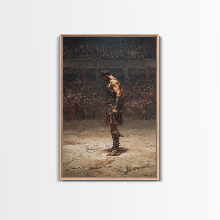 Gladiator In Arena Framed Canvas Print, Roman Warrior Oil Painting, Ancient History Wall Decor And Masculine Office Art Gift