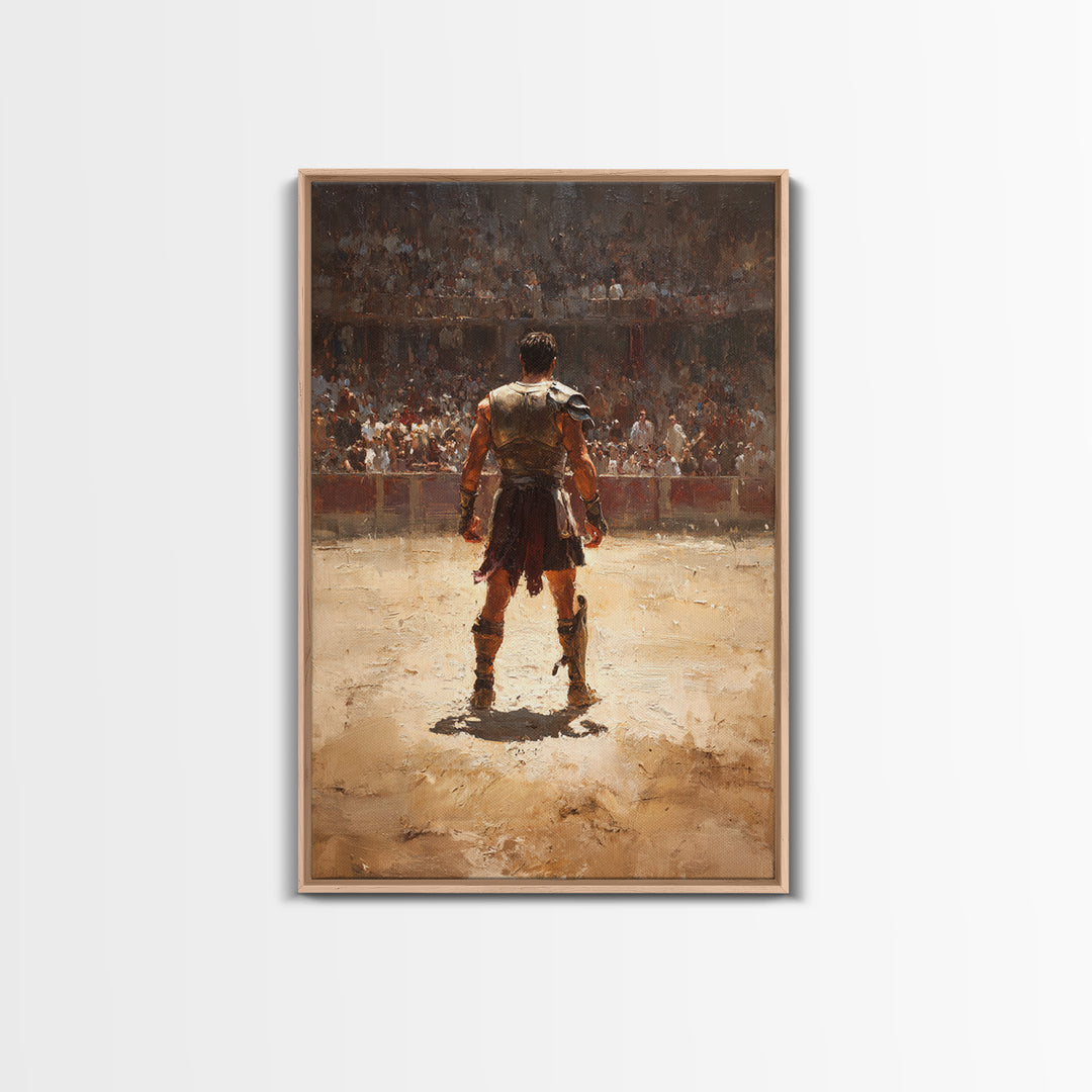 Gladiator Standing In Sunlit Ancient Arena Wall Art, Roman Warrior Canvas Print For Man Cave Decor And Masculine Office Art