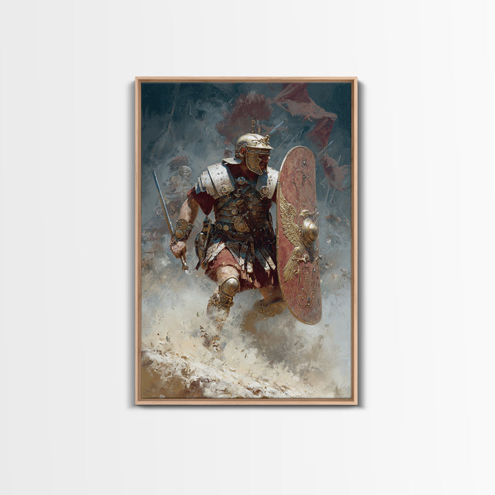Roman Legionary Charging Into Battle Framed Canvas Print, Ancient Warrior Wall Art, Historical Decor, Masculine Office Art
