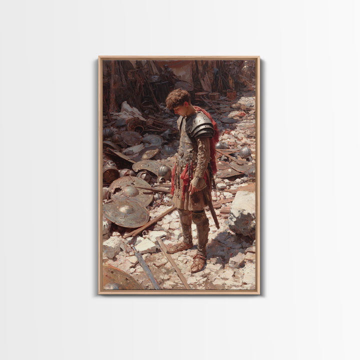 Young Warrior Among Fallen Shields Framed Canvas Print, Roman Battle Oil Painting, Historical Wall Art, Teen Boys Room Decor Gift