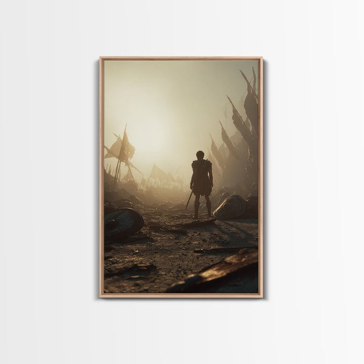 Lone Ancient Warrior In Sunlit Battlefield Canvas Print, Epic Fantasy Wall Art, Greek Battle Decor, Masculine Office Art