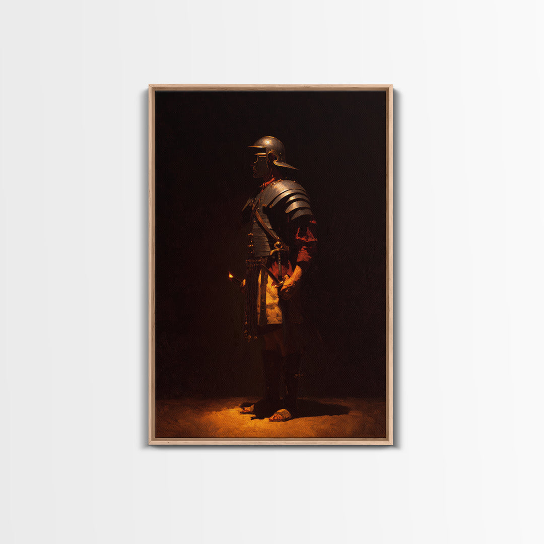 Roman Legionary In Bronze Armor, Framed Canvas Print, Dark Academia Wall Art, Ancient Warrior Decor, Office Art Print, Gift