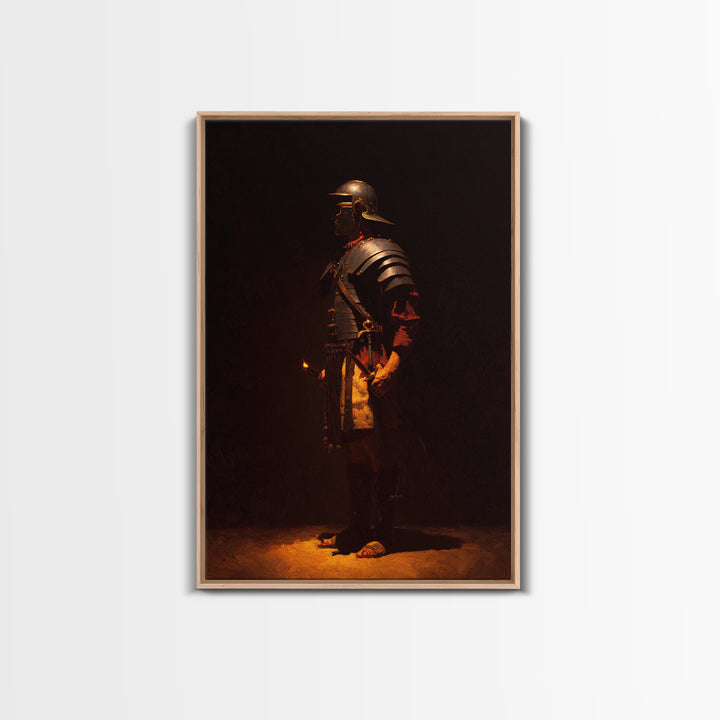 Roman Legionary In Bronze Armor, Framed Canvas Print, Dark Academia Wall Art, Ancient Warrior Decor, Office Art Print, Gift
