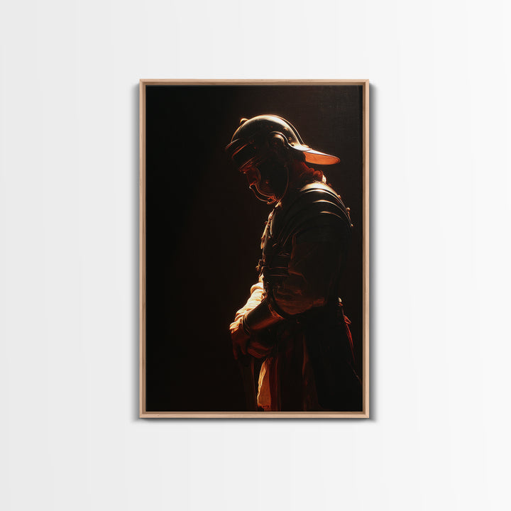Moody Helmeted Warrior In Golden Rim Light Framed Canvas Print, Dark Fantasy Art, Masculine Office Decor, Gothic Wall Art