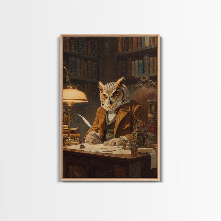 Scholarly Owl Writing In Antique Library Framed Canvas Print, Whimsical Animal Wall Art, Dark Academia Office Decor Gift